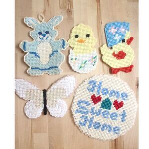 Set of 5 Vintage Cross Stitched Spring Themed Pieces